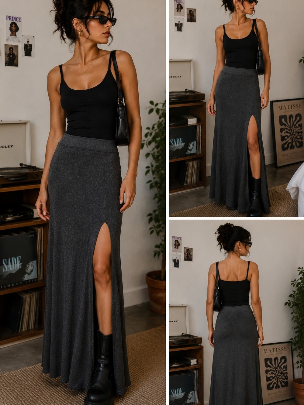 Mandee Charcoal Gray Maxi Skirt with High Side Slit Side M